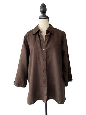 Liz Claiborne 100% Linen Chocolate Brown Button-Down Shirt Size L